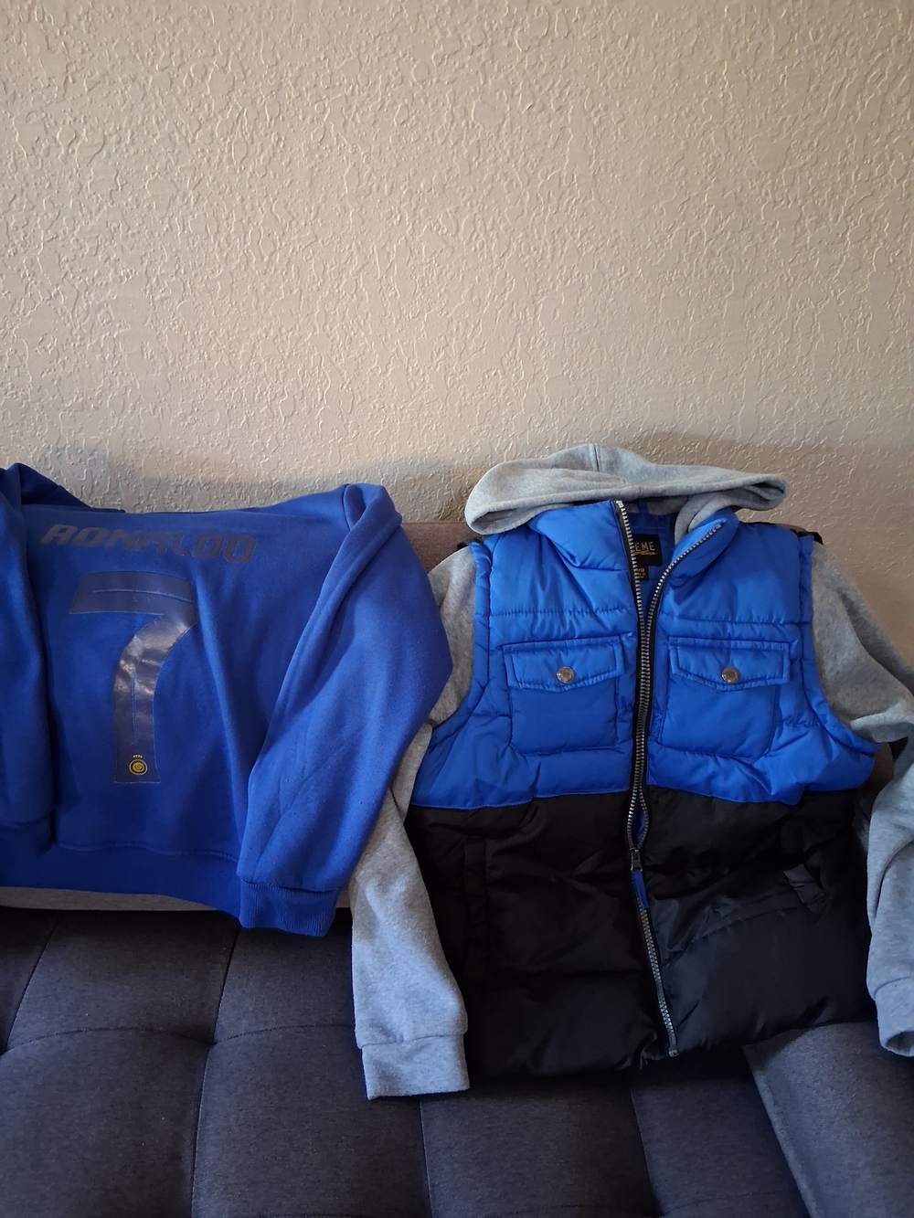 Kids Blue and Black Hooded Puffer Vest with Grey Sleeves